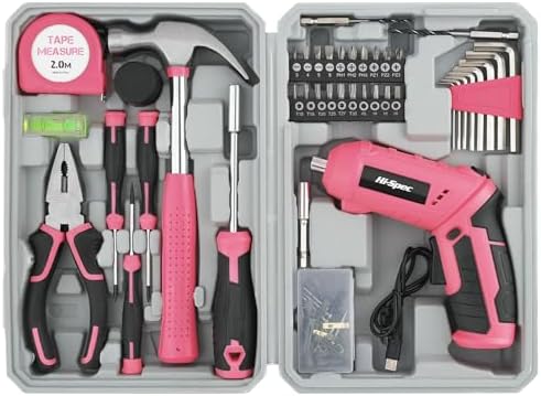 Hi-Spec 4V USB Electric Screwdriver Tool Kit for Home Repairs, Pink | 42pc, fast assembly help, common screw bit selection, LED visibility, compact grip, quick household fixes, organized storage