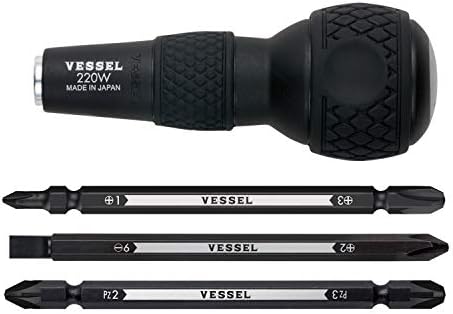 VESSEL BALL GRIP 1/4" Hex. Bit Interchangeable Screwdriver (Bit 3PC. (+1, +3 / +2, -6 / PZ2, PZ3) SET. 220W3J1)