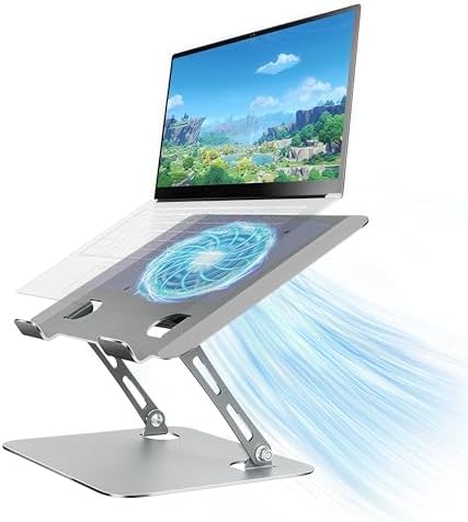 Laptop Cooling Stand with Fan and One Key Switch | Ergonomic Adjustable Height Desk Computer Holder for All 10-16''Laptops & Tablets Perfect for Gaming, DJ, Office - Gray