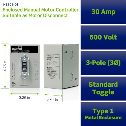 Leviton 30 Amp, 600 Volt, Toggle Three-Pole AC Motor Starter, Suitable as Motor Disconnect, In Type 1 Metal Enclosure, Industrial Grade, Grounded, N1303-DS, Gray