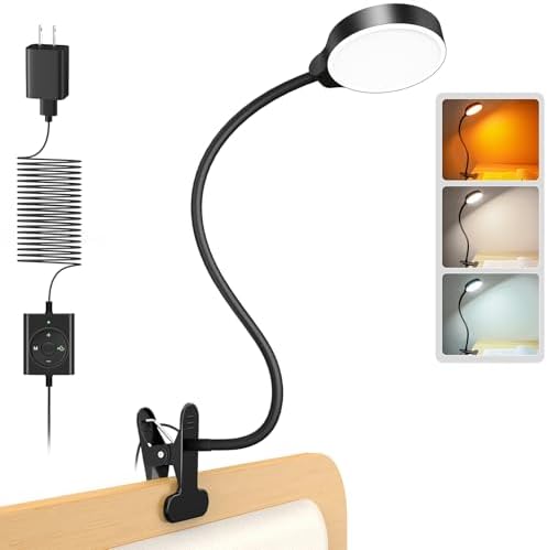 Glocusent 5W Clip on Light, 3 Colors & 5 Brightness Reading Light for Bed | Flexible Gooseneck Clip on Lamp, 30-Min Timer, Reading Lamp, Perfect Desk Lamp for Dorm,Bunk,Bed,Headboard,Table,Work,Craft