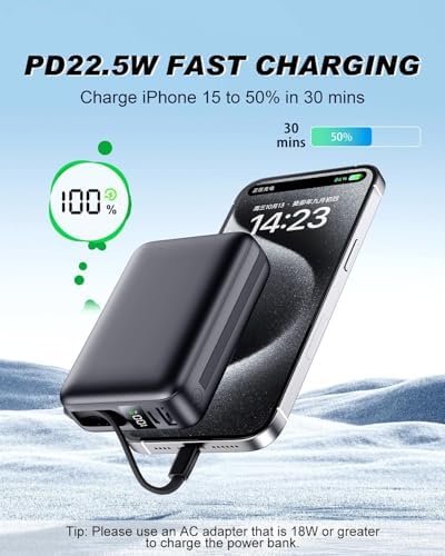 Portable Charger 50000mAh, PD22.5W Fast Charge Power Bank Built-in 2 Cables | Portable Phone Charger for iPhone/Android/Samsung Galaxy Travel Essential (Black)