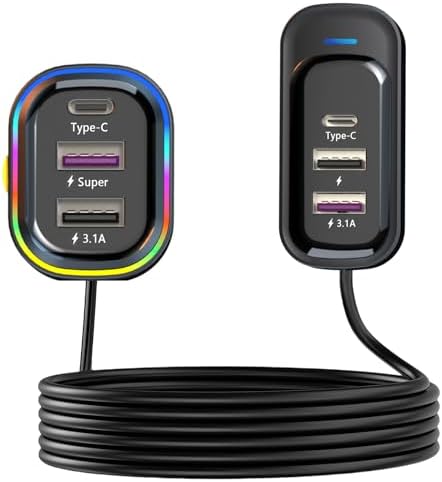 USB C Car Charger, Cigarette Lighter USB Charger, 81W Multiport 6-Port 5FT | PD & QC3.0 Fast Charger for Multiple Devices, Car Travel Essentials, Compatible with iPhone 15/16/17, Pad, Galaxy S24