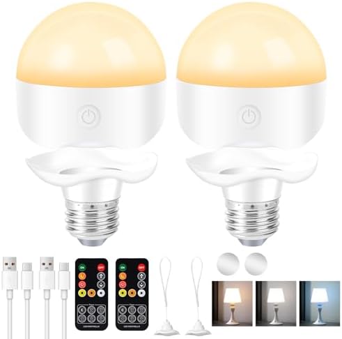 E26 Rechargeable Light Bulbs,Magnetic LED Portable Bulb with Remote and Timer, Battery Operated and Dimmable 3 Color Temperatures Backup Bulb for Sconces and Bedside Lamps Non-Hardwired Fixture,2 Pack