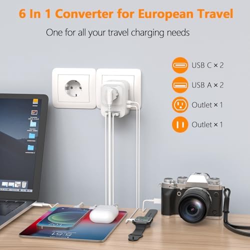 220V to 110V Voltage Converter US to Europe with 2 USB A 2 USB C Fast Charging, Power Converter for European Travel Universal International Travel Adapter for Italy Germany France Spain