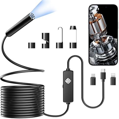 Endoscope with Light, 1920P HD Borescope with 8 Adjustable LED Lights, Semi-Rigid Snake Camera, IP67 Waterproof Inspection Tool (9.8ft, Black Harness + Single Lens)