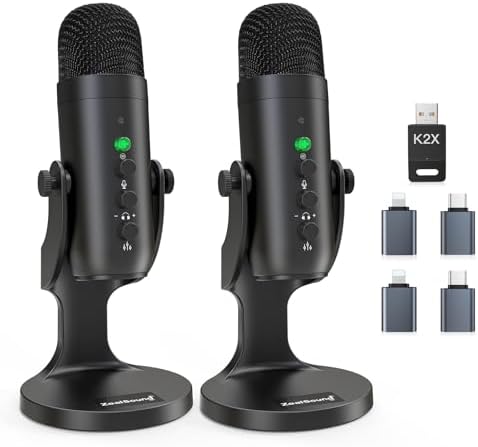 ZealSound Podcast Microphone, Podcast Equipment Bundle for iPhone PC iPad Android, Dual Wireless USB Mic 2.4GHz with Noise Reduction, Tap to Mute, Monitor Gain for Streaming, Recording, YouTube,TikTok