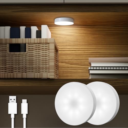 DAZZY DOT Rechargeable Puck Lights 2-Pack, Magnetic Tap Light, Cool White | Dimmable touch control, magnetic & adhesive mounting, 1000mAh rechargeable battery, 8 LED beads, brightness memory