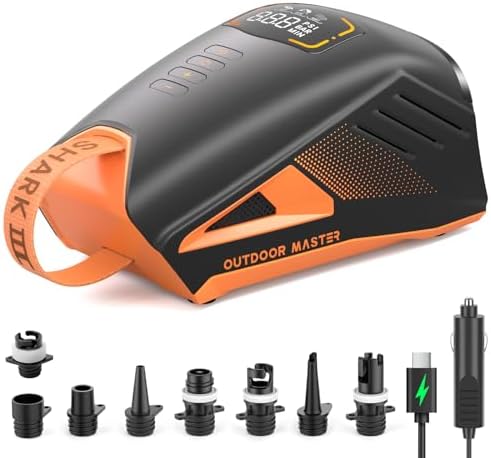 OutdoorMaster Shark 3 Paddle Board Pump Electric 74Wh- 3'50" Fast Inflation | 74Wh Rechargeable SUP Air Pump, One Charge for 4 SUPs,12V/15.8V DC Input, Digital Display, 20PSI, Auto-Off, 8 Nozzles