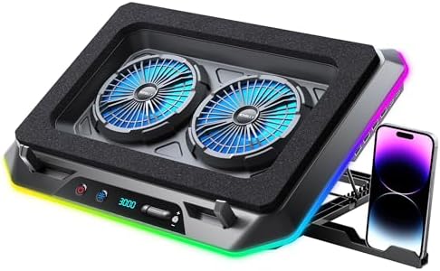 KYOLLY RGB Gaming Laptop Cooling Pad with Two Turbo Fan 3000RPM, Rapid Cooling for 15.6-19.3" Laptops, Variable Speed Control, 6 Adjustable Heights,10 RGB Lighting Modes,4 Hub