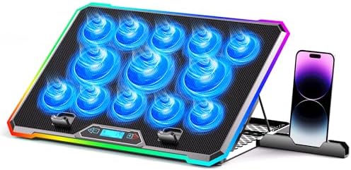 Gaming Laptop Cooler with 13 Ultra Quiet Fans, LCD Screen and Multi Color RGB - 10 Lighting Modes, 9 Adjustable Heights, Dual USB Ports, Built in Phone Holder for 15 to 21 Inch Laptops on Desk or Lap