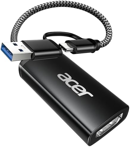 acer Capture Card for Streaming, HDMI to USB 3.0 1080P 60FPS Video Capture | Plug and Play with Type-C & Type-A Ports, Compatible with iPad, macOS, Windows, Switch2, PS5/4, Quest3, Camera, OBS, Xbox