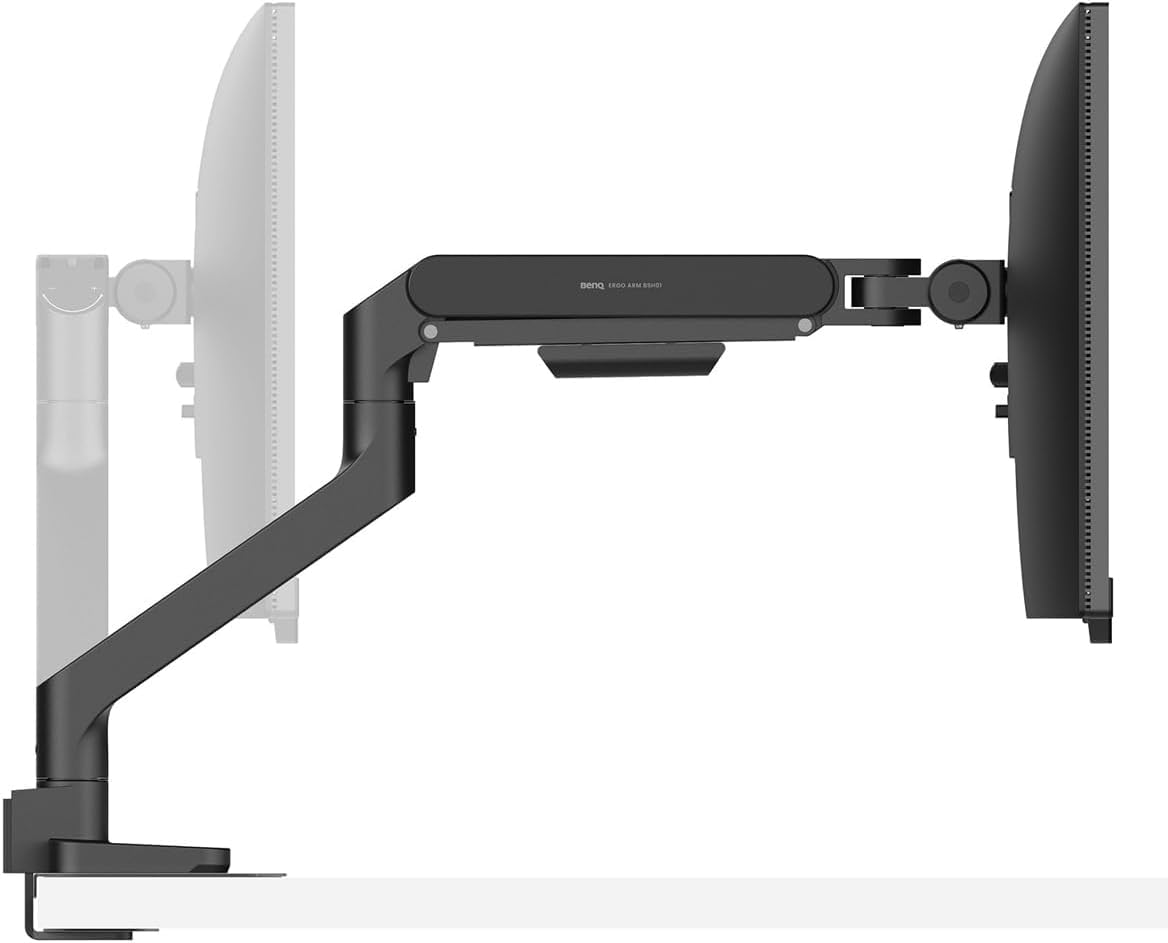BenQ ErgoArm BSH01 Heavy Duty VESA Desk Mount for Screen up to 45" & 44 lbs | VESA 75×75, 100×100. Fits desks 12–45mm thick. Reinforcement plate desktop protect. Top mounting - clamp & grommet. Black