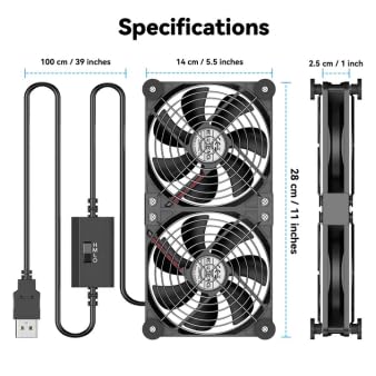 ELUTENG 140mm Dual USB Computer Fan with Temperature Controller Flow VR Blower for 3 Speed Control Max 1500RPM Cooling Ventilator with 8 Silicone Pads for Laptop/Receiver/DVR/Computer Cooling