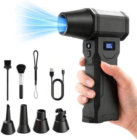 Compressed Air Duster, 130,000 RPM Electric Air Duster with Brushless Motor, 4-Speed Rechargeable Cordless Blower, Digital Display, LED Light and 5 Nozzles for Computer, Keyboard and Car