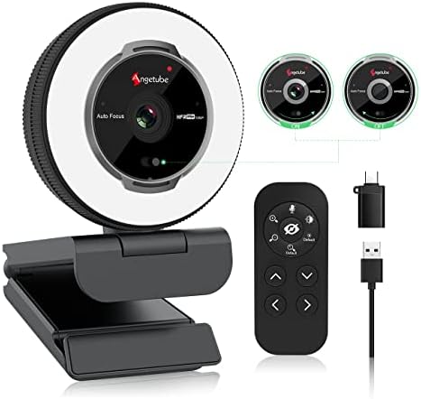 Angetube Streaming Webcam with Microphone, USB 1080P Web Cam w/Ring Light | Remote Control, 1080P@60FPS, 5X Digital Zoom, Built in Privacy Cover, HD Computer Web Camera for Desktop, PC, Laptop, Mac
