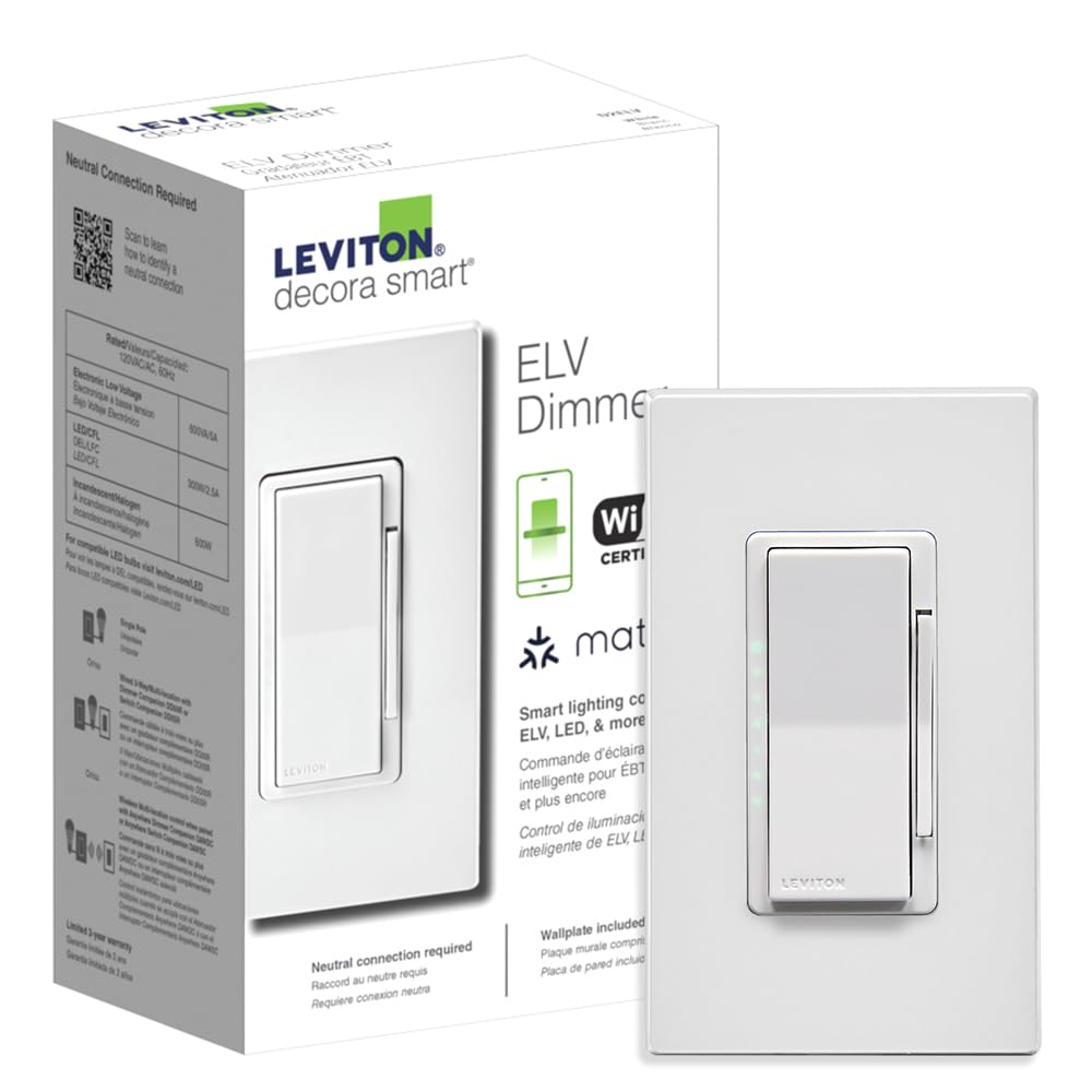 Leviton Decora Smart Dimmer Switch, ELV/LED, Wi-Fi, D2ELV-1BW, White