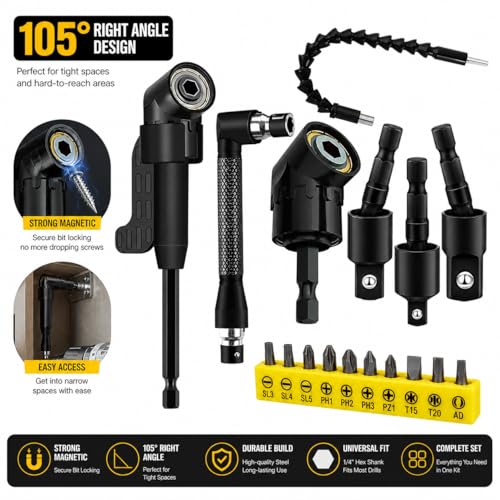 17Pcs Flexible Drill Bit Extension Set with Strong Magnetic Bit Holder, 105° & 360° Right Angle Drill Adapter, Rotatable Screwdriver Bits, for Tight Spaces DIY