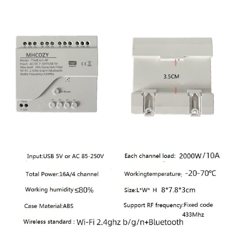 4 Channel Smart WiFi RF Bluetooth Wireless Dry Contact Relay Switch Module,Phone app Remote Control,Compatible with Alexa Google Home (Tuya 4CH 5V AC/DC7-32V)