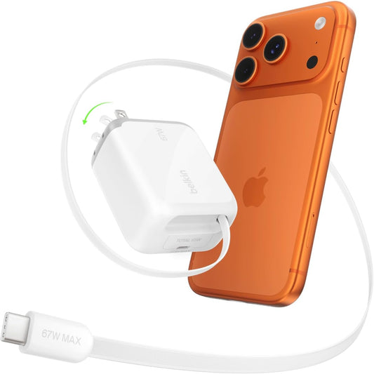 Belkin 67W GaN USB C Retractable Charger Block Fast Charging for Travel | 3.3ft Retractable Cable, USB C Port, iPhone 17, Galaxy S26, AirPods, iPads, MacBook, Travel Charger, Charge Up to 2 Devices