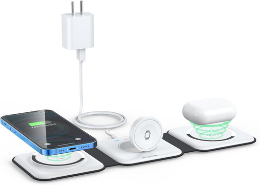 Wireless Charger 3 in 1,RTOPS Magnetic Travel Wireless Charging Station Multiple Devices,GaN 3 in 1 Charging Station,Compatible iphone17/16/15/14/13/Pro/Max,iWatch,AirPods4/3/2/Pro (Adapter Includes)