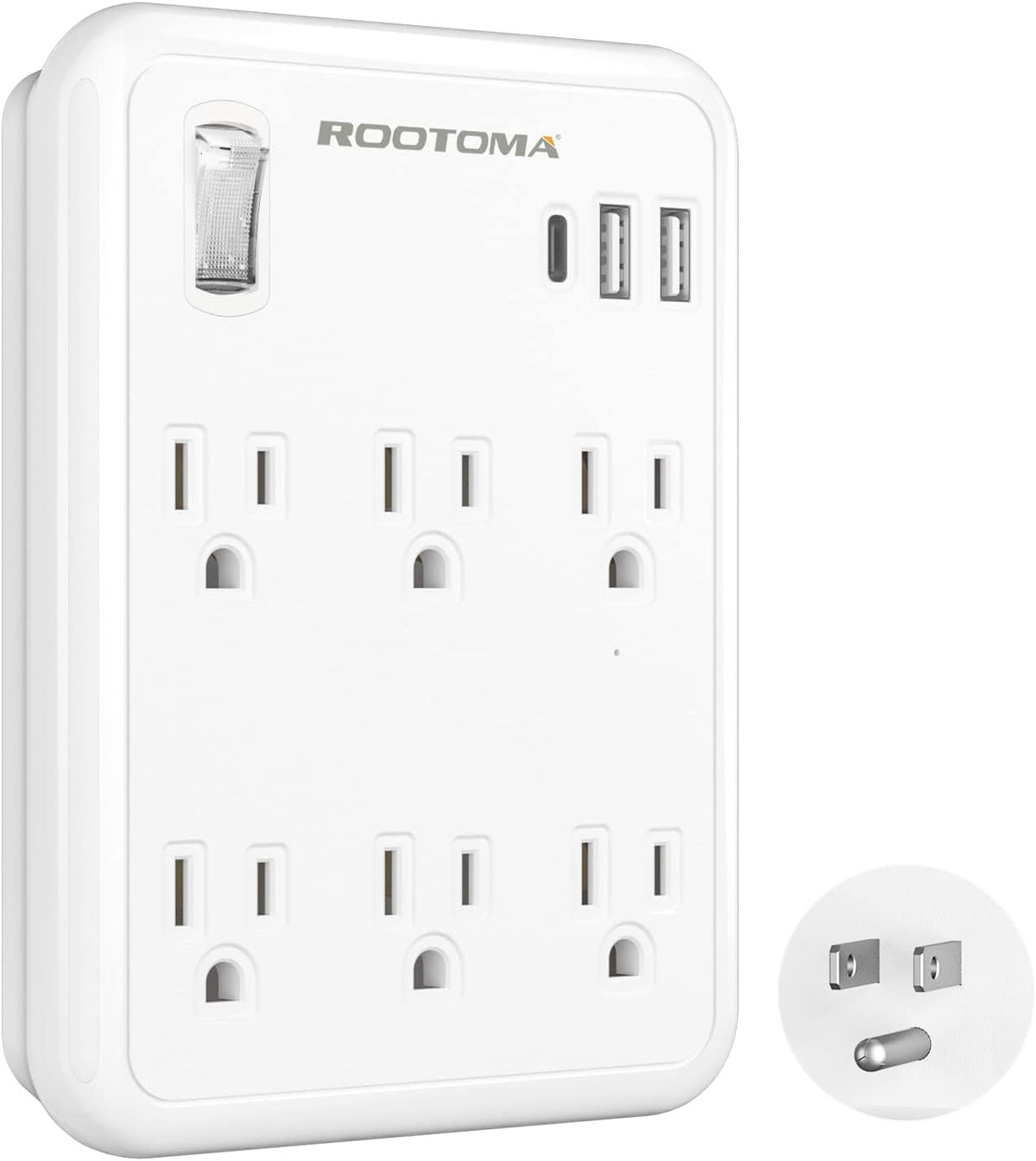 USB Wall Outlet Extender with On Off Switch, Surge Protector Outlet,6 AC Multi-Plug with 3 USB Ports (1 USB C), 490 Joules, Flat Socket Splitter with Spaced Outlet for Home, Office, College