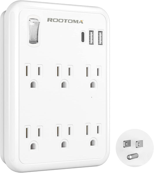USB Wall Outlet Extender with On Off Switch, Surge Protector Outlet,6 AC Multi-Plug with 3 USB Ports (1 USB C), 490 Joules, Flat Socket Splitter with Spaced Outlet for Home, Office, College