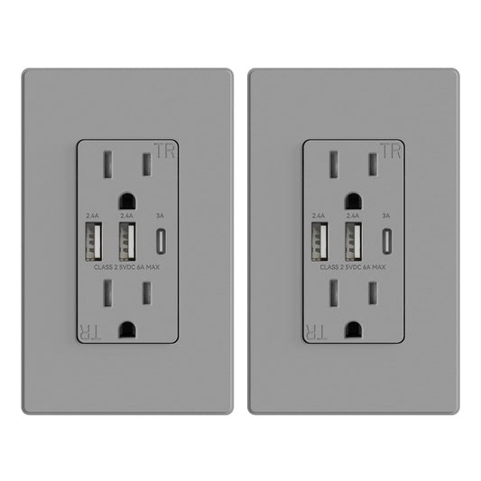 ELEGRP USB Outlets Receptacles, 3-Port Wall Outlet, 30W 6.0A Electrical Outlet, 20 Amp Tamper-Resistant Outlet with Type C Ports, UL Listed, Wall Plate Included, 2 Pack, Matte Gray