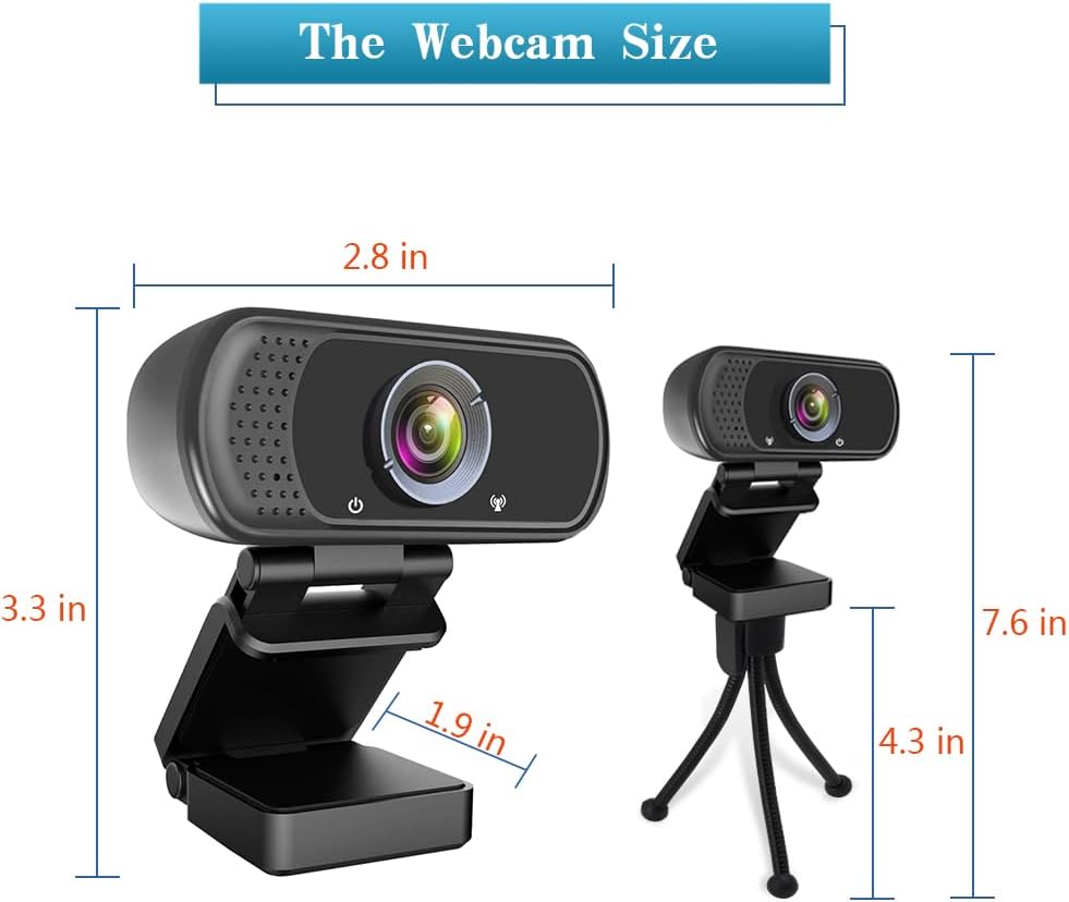 1080P Webcam with Mic Privacy Cover Tripod Stand 110 FOV PC | 1080P webcam with built-in microphone, privacy cover, tripod stand, 110 degree wide angle, USB plug and play for PC laptop