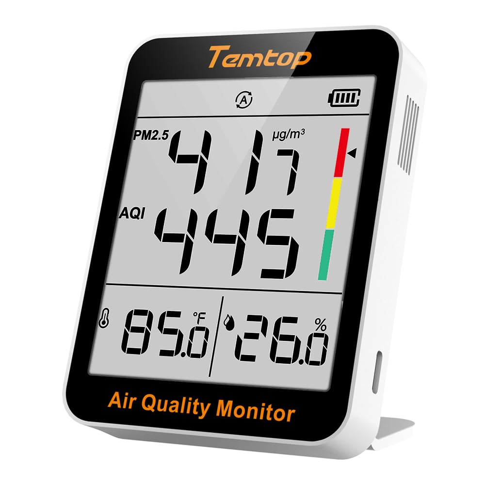 Temtop Air Quality Monitor with Indoor Thermometer & Thermo-Hygrometer – PM2.5, AQI, Temperature and Humidity Meter for Home, Office, Nursery, School, 60-Day Battery Life