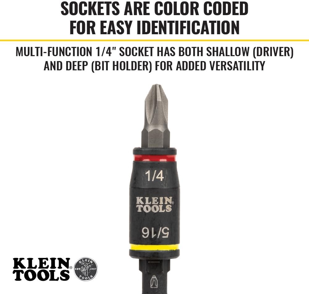 Klein Tools 32308F Impact Driver Set, 10-in-1 Stubby Screwdriver Driver Set, Hex Flip Socket, 7 Bits, 1/4-Inch Bit Holding Feature, 10-Piece