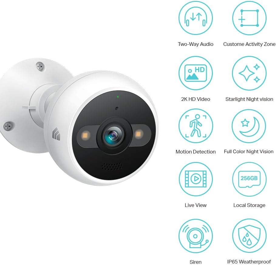 Kasa 2K+ Outdoor Wired Security Camera - Person/Motion Detection, 24/7 Recording, 2-Way Audio, Siren, Starlight Color Night Vision, Subscription-Free Local Storage or Optional Cloud, KC420WS