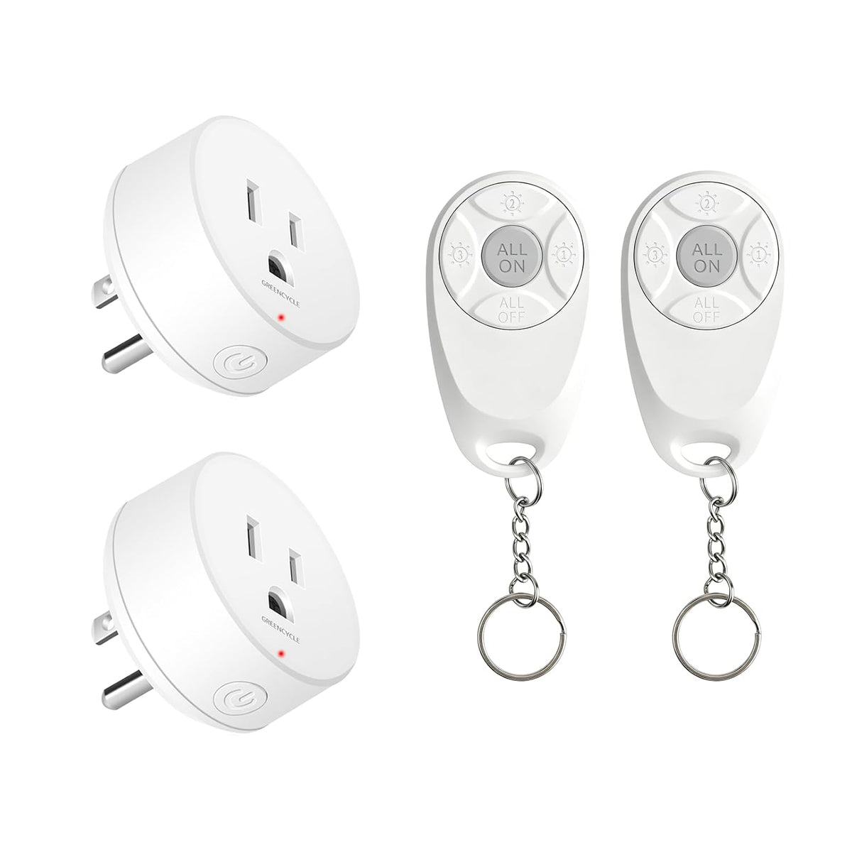Remote Control Outlet,Greencycle 2 Remote Light Switches and 2 Plugs,Wireless Light Switch,500ft Range,No Wiring Needed,15A/1875W for Household Appliances,FCC Certified,White
