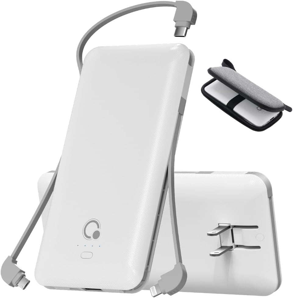 Portable Charger with Built-in Cables and AC Wall Plug, USB C External Battery Pack, 10000mAh Travel Essentials Power Bank Compatible with iPhone17/16/15/14/13, Samsung Galaxy, Pixel,Tablet and More