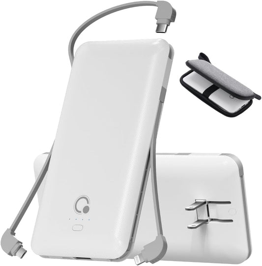 Portable Charger with Built-in Cables and AC Wall Plug, USB C External Battery Pack, 10000mAh Travel Essentials Power Bank Compatible with iPhone17/16/15/14/13, Samsung Galaxy, Pixel,Tablet and More