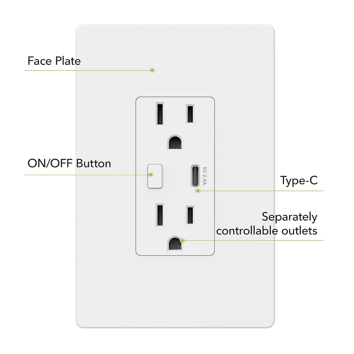 BN-LINK Smart Electrical Outlet with 2 Controlled Plugs and Type-C Charging, in-Wall Smart Wi-Fi Outlet with Voice and APP Remote Control, Compatible with Alexa and Google Assistant, 2.4GHz Wi-Fi Only