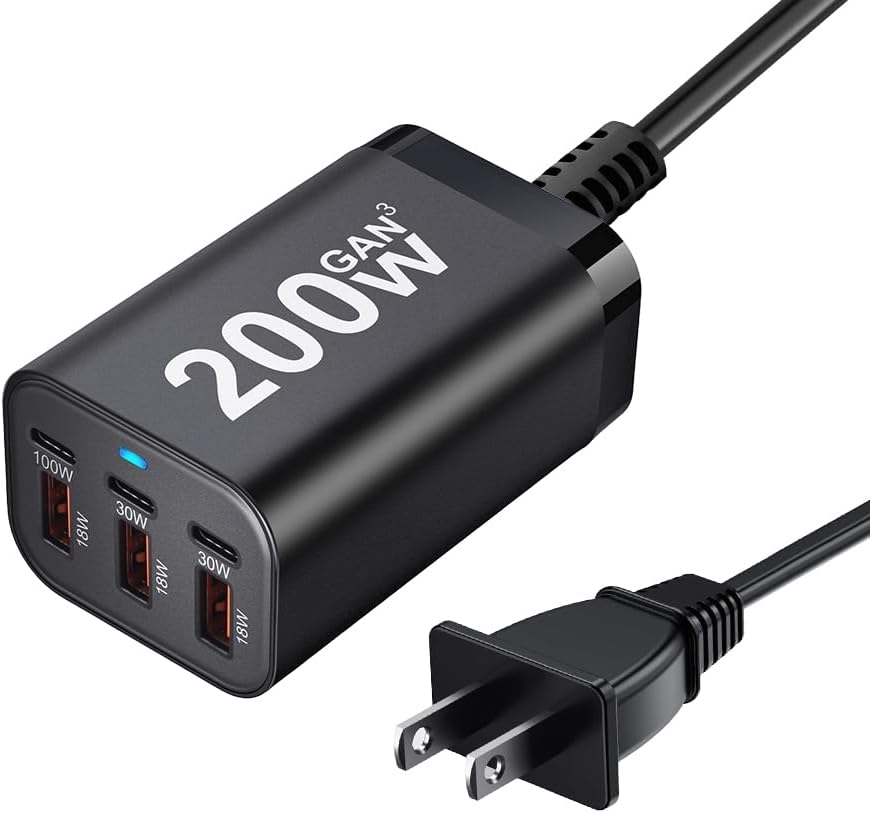 200W USB C Charger Block, 6 Port PD 100W 65W GaN Charger Station | Multi port USB C Charging Station for MacBook Pro/Air, iPad, iPhone, HP/DELL Laptop, Samsung Galaxy, Steam Deck, Pixelbook