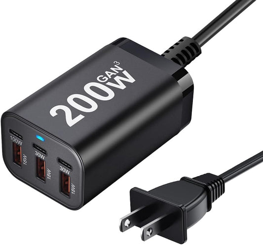 200W USB C Charger Block, 6 Port PD 100W 65W GaN Charger Station | Multi port USB C Charging Station for MacBook Pro/Air, iPad, iPhone, HP/DELL Laptop, Samsung Galaxy, Steam Deck, Pixelbook