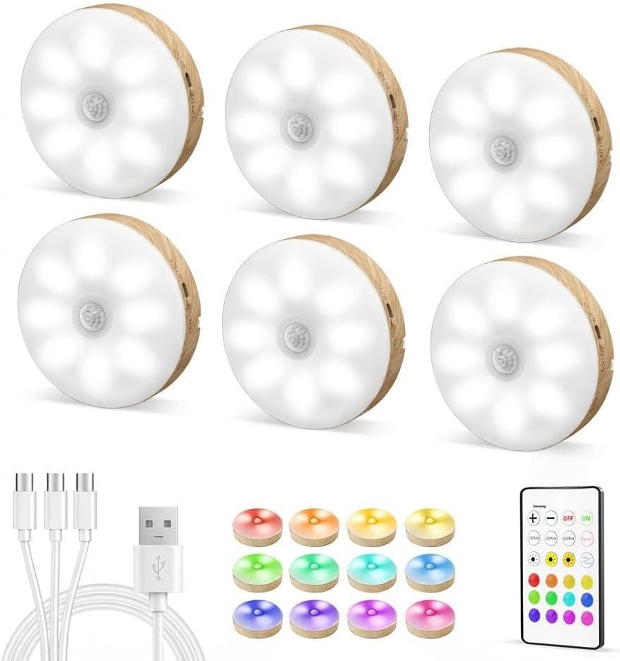 EZVALO Under Cabinet Lighting, 1000mAh Rechargeable Puck Lights with Remote, 3 Color Temps & 12 RGB Motion Sensor Closet Lights Indoor, Dimmable Under Counter Lights for Kitchen (Wood Grain, 6 Packs)
