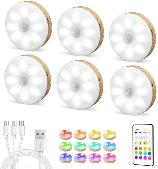EZVALO Under Cabinet Lighting, 1000mAh Rechargeable Puck Lights with Remote, 3 Color Temps & 12 RGB Motion Sensor Closet Lights Indoor, Dimmable Under Counter Lights for Kitchen (Wood Grain, 6 Packs)