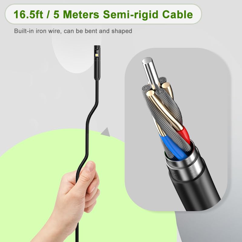 Dual Lens Borescope with Light, 1080P Industrial Endoscope Inspection Camera, 7.9mm IP67 Waterproof, Sewer Camera with 4.3" IPS Screen,8 LED Lights,16.5FT Semi-Rigid Cable.