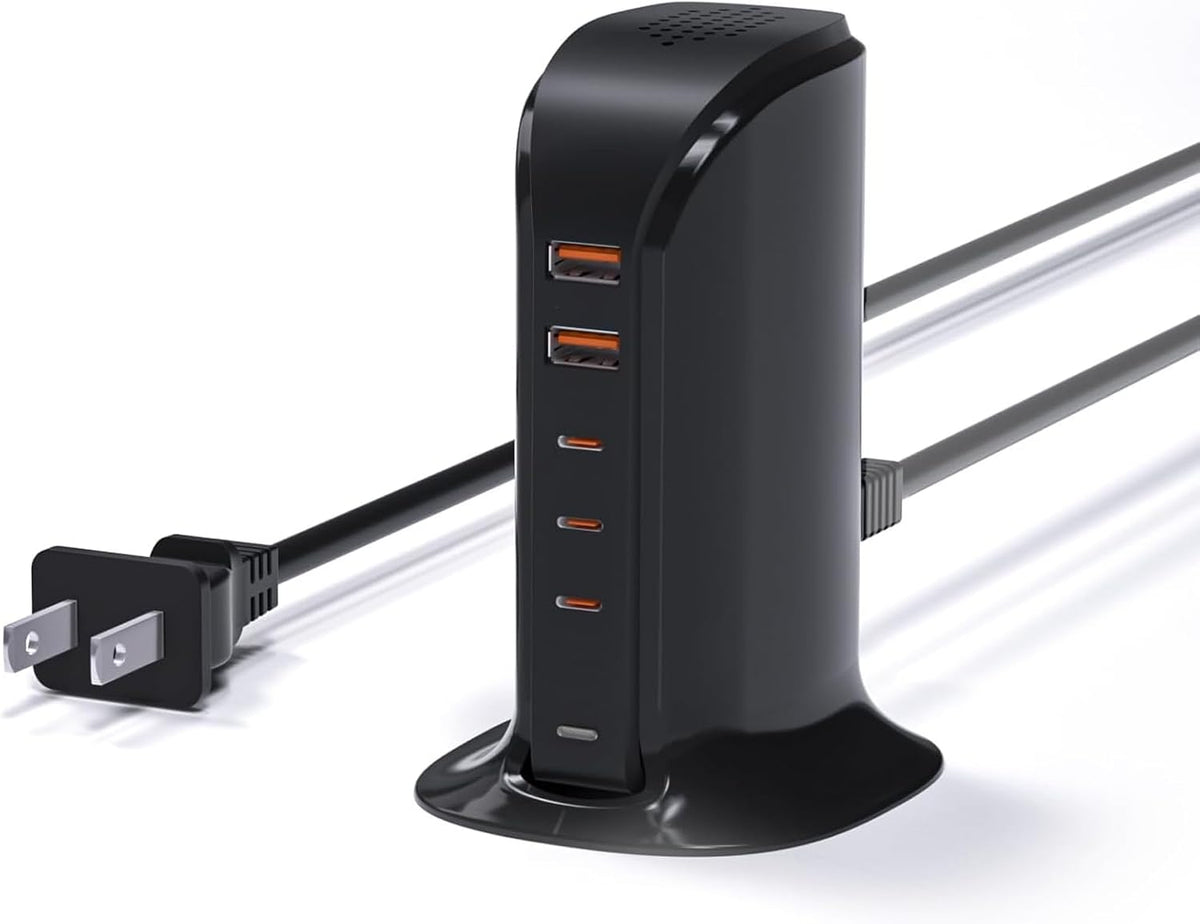 Charging Station for Multiple Devices: 5 USB Ports Wall Charger Block with Extension Cord, PD 20W Fast Charging Hub Charger Tower for iPhone iPad Tablets Smartphones, Home Office Use (Black)