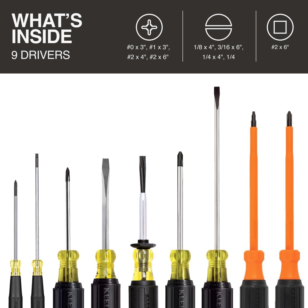 Klein Tools 85850 9-Piece Electrician Tool Set with (3) Phillips, (3) Slotted, (1) Screw-Holding Driver, (2) Insulated Drivers - Phillips and Square, Cushion-Grip Handle