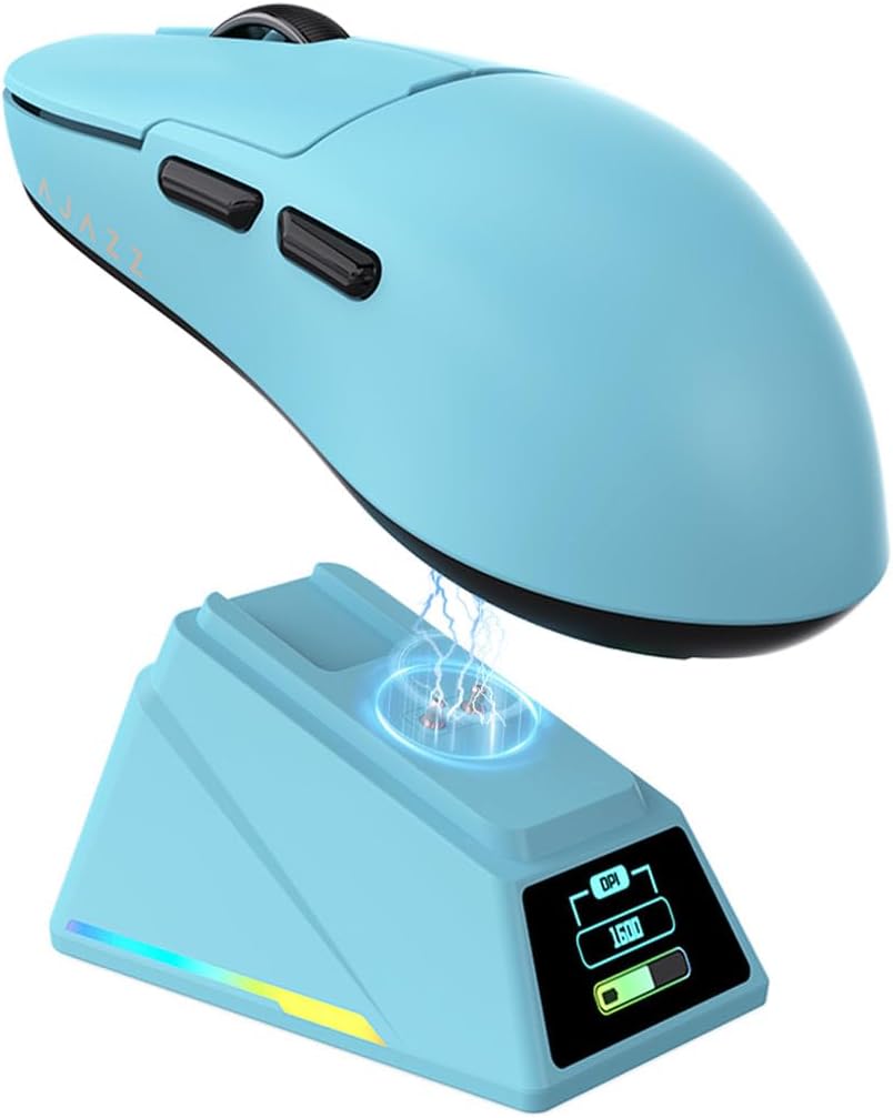 DAIDAI Ajazz AJ159 APEX Wireless Gaming Mouse with TFT Color Screen Charging Dock, 56g Ultra-Lightweight Ambidextrous Mice, PAW3950 Sensor, Tri-Mode, White
