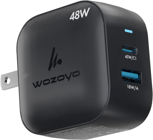 48W GaN Charger Wozoyo Type-C & USB-A Superfast 2.0 Charging, Compatible for iPhone 17/16/16 Pro Max/15 Series/iPad Pro, Smartphones, Tablets and More, PD/PPS/QC 3.0,Compact Foldable Plug