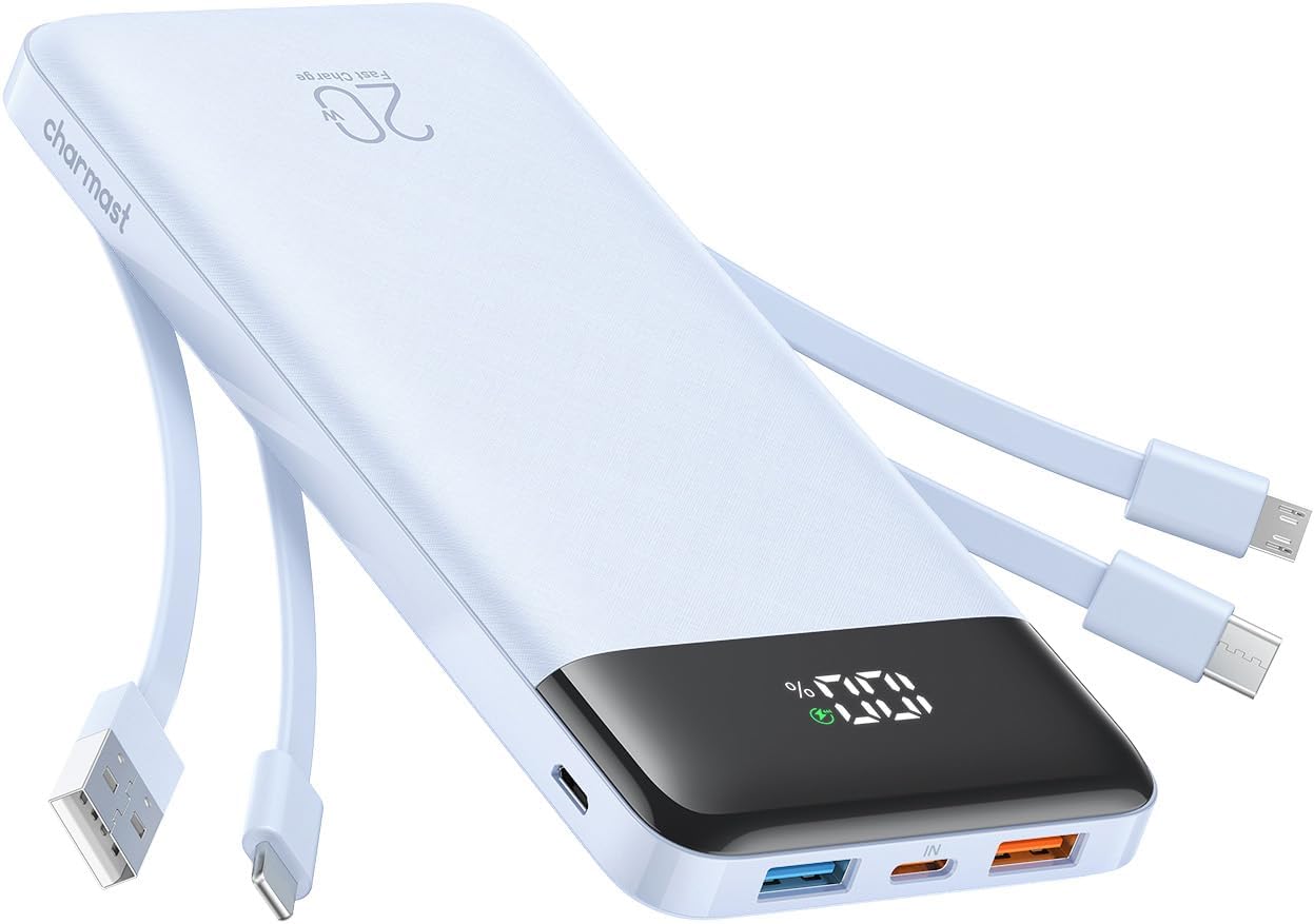 charmast Portable Charger Built-in Cables, 20000mAh Power Bank 6-Output | Travel Fast Charging Battery Pack for iPhone 17/16/15 Samsung Android, Flight-Approved, Multi-Device, USB-C & USB-A, LED %