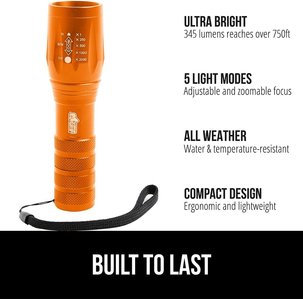 GORILLA GRIP Powerful LED Handheld Tactical Flashlight, 750 FT High Lumens 5 Adjustable Modes, Water Resistant, Ultra Bright Zoom Flashlights, Small Mini, Camping, Night Dog Walking, Orange