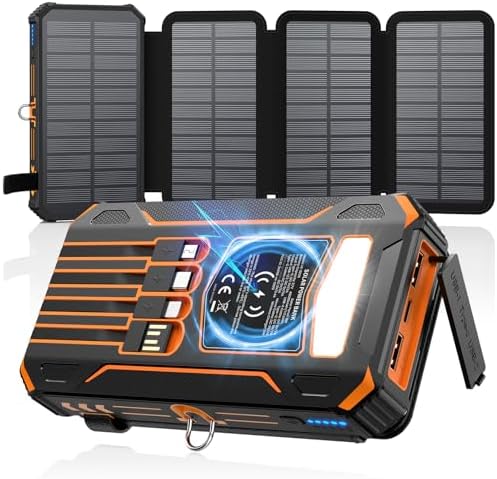 SOARAISE Solar Power Bank 48000mAh Wireless Portable Charger with 4 Cables | Solar Charger with 4 Solar Panels, 48000mAh High Capacity, PD QC 3.0 Fast Charging Battery Pack, Flashlights for Camping