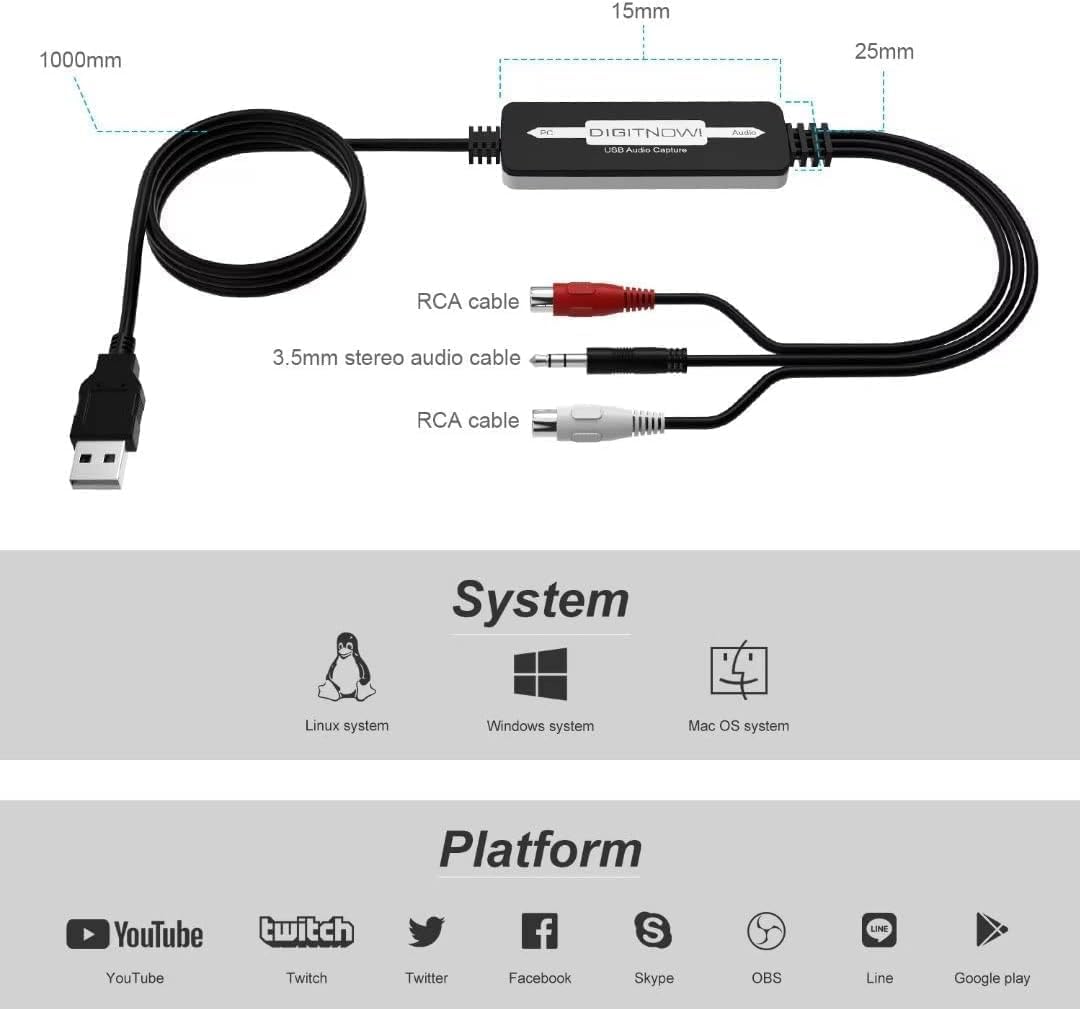 USB 2.0 Audio Capture Card for Vinyl Records, Audio Grabber for Cassette Tapes to Digital MP3 Converter with Stereo RCA/3.5mm Music Interface, Support Mac & Windows 7/8/10/11/XP/Vista