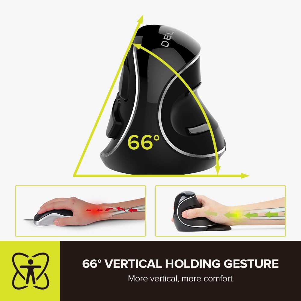 DELUX Ergonomic Vertical Mouse, Wireless Ergo Mouse for Large Hands, 2.4G Connection, Silent Clicks, Up to 1600 DPI,6 Buttons, Removable Wrist Rest, Compatible with Laptop/PC (M618Plus Wireless-Black)
